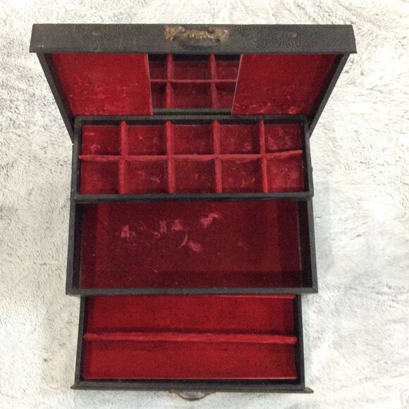 Antique Leather & Wood Victorian Jewelry Box w/Pull-Out Drawer & Mirror - Picture 2 of 11